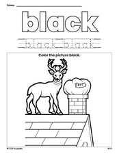 Free Christmas reindeer color black coloring page and color worksheet, black worksheet for preschoolers to learn colors, printable PDF