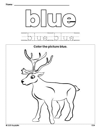 Free Christmas reindeer color blue coloring page and color worksheet, blue worksheet for preschoolers to learn colors, printable PDF