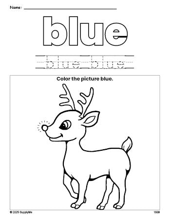 Free Christmas reindeer color blue coloring page and color worksheet, blue worksheet for preschoolers to learn colors, printable PDF