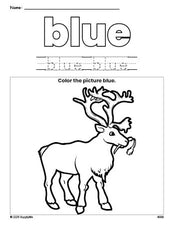 Free Christmas reindeer color blue coloring page and color worksheet, blue worksheet for preschoolers to learn colors, printable PDF