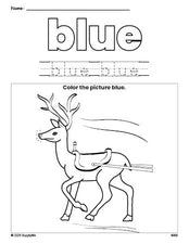 Free Christmas reindeer color blue coloring page and color worksheet, blue worksheet for preschoolers to learn colors, printable PDF