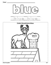 Free Christmas reindeer color blue coloring page and color worksheet, blue worksheet for preschoolers to learn colors, printable PDF