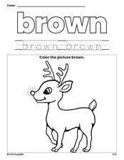 Free Christmas reindeer color brown coloring page and color worksheet, brown worksheet for preschoolers to learn colors, printable PDF