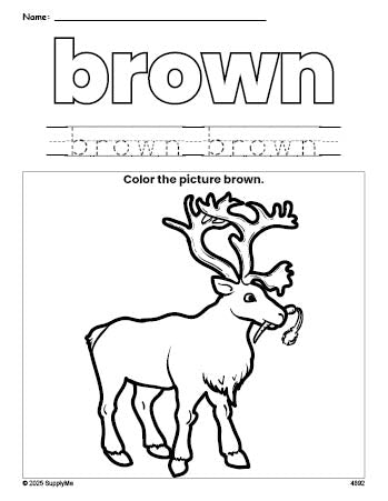 Free Christmas reindeer color brown coloring page and color worksheet, brown worksheet for preschoolers to learn colors, printable PDF