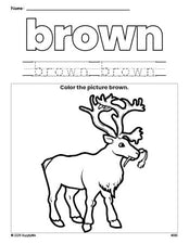 Free Christmas reindeer color brown coloring page and color worksheet, brown worksheet for preschoolers to learn colors, printable PDF