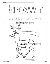 Free Christmas reindeer color brown coloring page and color worksheet, brown worksheet for preschoolers to learn colors, printable PDF