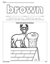 Free Christmas reindeer color brown coloring page and color worksheet, brown worksheet for preschoolers to learn colors, printable PDF