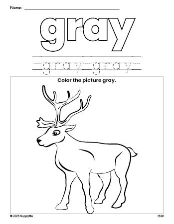 Free Christmas reindeer color gray coloring page and color worksheet, gray worksheet for preschoolers to learn colors, printable PDF