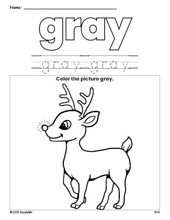 Free Christmas reindeer color gray coloring page and color worksheet, gray worksheet for preschoolers to learn colors, printable PDF