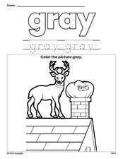 Free Christmas reindeer color gray coloring page and color worksheet, gray worksheet for preschoolers to learn colors, printable PDF