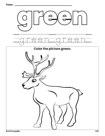 Free Christmas reindeer color green coloring page and color worksheet, green worksheet for preschoolers to learn colors, printable PDF