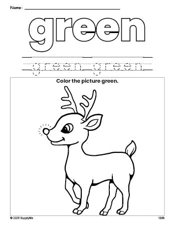 Free Christmas reindeer color green coloring page and color worksheet, green worksheet for preschoolers to learn colors, printable PDF