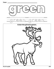 Free Christmas reindeer color green coloring page and color worksheet, green worksheet for preschoolers to learn colors, printable PDF