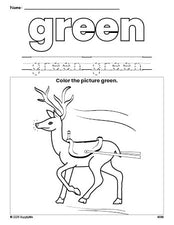 Free Christmas reindeer color green coloring page and color worksheet, green worksheet for preschoolers to learn colors, printable PDF