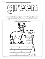 Free Christmas reindeer color green coloring page and color worksheet, green worksheet for preschoolers to learn colors, printable PDF