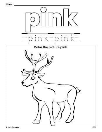 Free Christmas reindeer color pink coloring page and color worksheet, pink worksheet for preschoolers to learn colors, printable PDF