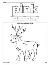 Free Christmas reindeer color pink coloring page and color worksheet, pink worksheet for preschoolers to learn colors, printable PDF