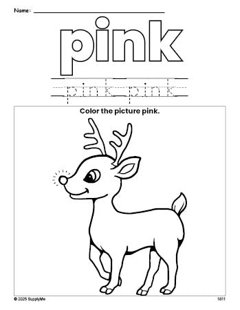 Free Christmas reindeer color pink coloring page and color worksheet, pink worksheet for preschoolers to learn colors, printable PDF