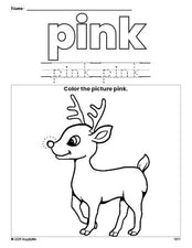 Free Christmas reindeer color pink coloring page and color worksheet, pink worksheet for preschoolers to learn colors, printable PDF