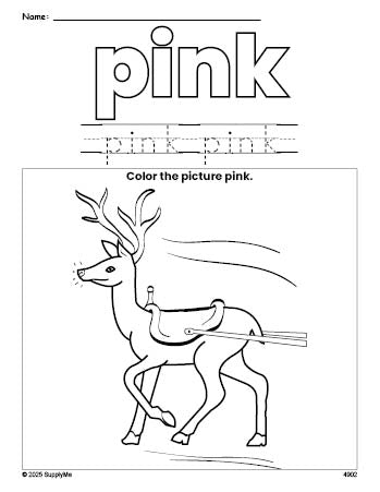 Free Christmas reindeer color pink coloring page and color worksheet, pink worksheet for preschoolers to learn colors, printable PDF