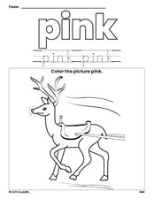 Free Christmas reindeer color pink coloring page and color worksheet, pink worksheet for preschoolers to learn colors, printable PDF