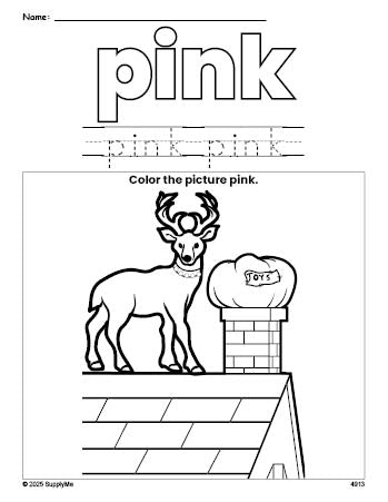 Free Christmas reindeer color pink coloring page and color worksheet, pink worksheet for preschoolers to learn colors, printable PDF