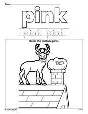 Free Christmas reindeer color pink coloring page and color worksheet, pink worksheet for preschoolers to learn colors, printable PDF