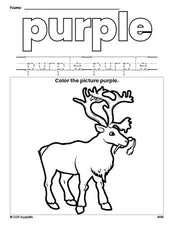 Free Christmas reindeer color purple coloring page and color worksheet, purple worksheet for preschoolers to learn colors, printable PDF