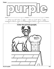 Free Christmas reindeer color purple coloring page and color worksheet, purple worksheet for preschoolers to learn colors, printable PDF