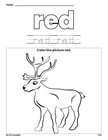 Free Christmas reindeer color red coloring page and color worksheet, red worksheet for preschoolers to learn colors, printable PDF