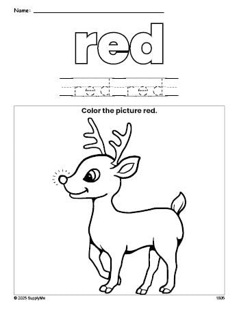 Free Christmas reindeer color red coloring page and color worksheet, red worksheet for preschoolers to learn colors, printable PDF