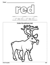 Free Christmas reindeer color red coloring page and color worksheet, red worksheet for preschoolers to learn colors, printable PDF