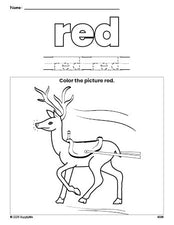 Free Christmas reindeer color red coloring page and color worksheet, red worksheet for preschoolers to learn colors, printable PDF