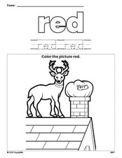 Free Christmas reindeer color red coloring page and color worksheet, red worksheet for preschoolers to learn colors, printable PDF