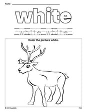 Free Christmas reindeer color white coloring page and color worksheet, white worksheet for preschoolers to learn colors, printable PDF