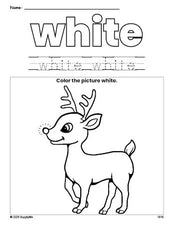 Free Christmas reindeer color white coloring page and color worksheet, white worksheet for preschoolers to learn colors, printable PDF