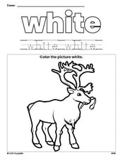 Free Christmas reindeer color white coloring page and color worksheet, white worksheet for preschoolers to learn colors, printable PDF