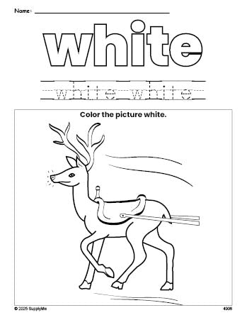 Free Christmas reindeer color white coloring page and color worksheet, white worksheet for preschoolers to learn colors, printable PDF