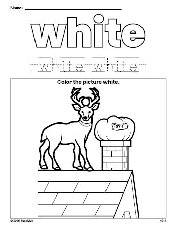 Free Christmas reindeer color white coloring page and color worksheet, white worksheet for preschoolers to learn colors, printable PDF