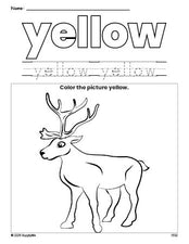 Free Christmas reindeer color yellow coloring page and color worksheet, yellow worksheet for preschoolers to learn colors, printable PDF