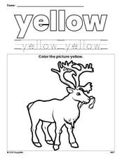 Free Christmas reindeer color yellow coloring page and color worksheet, yellow worksheet for preschoolers to learn colors, printable PDF