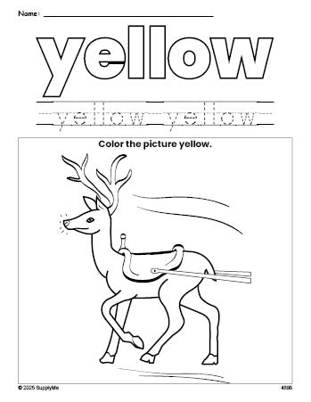 Free Christmas reindeer color yellow coloring page and color worksheet, yellow worksheet for preschoolers to learn colors, printable PDF