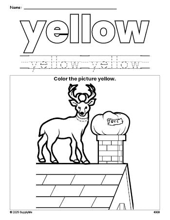 Free Christmas reindeer color yellow coloring page and color worksheet, yellow worksheet for preschoolers to learn colors, printable PDF