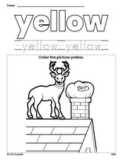 Free Christmas reindeer color yellow coloring page and color worksheet, yellow worksheet for preschoolers to learn colors, printable PDF