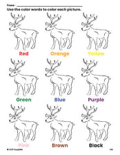 Free Christmas reindeer coloring page and color worksheet for preschoolers to learn colors, printable PDF