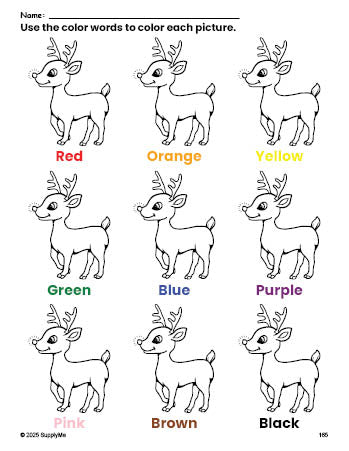 Free Christmas reindeer coloring page and color worksheet for preschoolers to learn colors, printable PDF