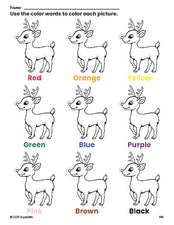 Free Christmas reindeer coloring page and color worksheet for preschoolers to learn colors, printable PDF