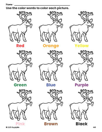 Free Christmas reindeer coloring page and color worksheet for preschoolers to learn colors, printable PDF