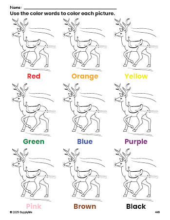 Free Christmas reindeer coloring page and color worksheet for preschoolers to learn colors, printable PDF