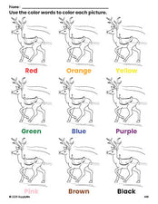 Free Christmas reindeer coloring page and color worksheet for preschoolers to learn colors, printable PDF